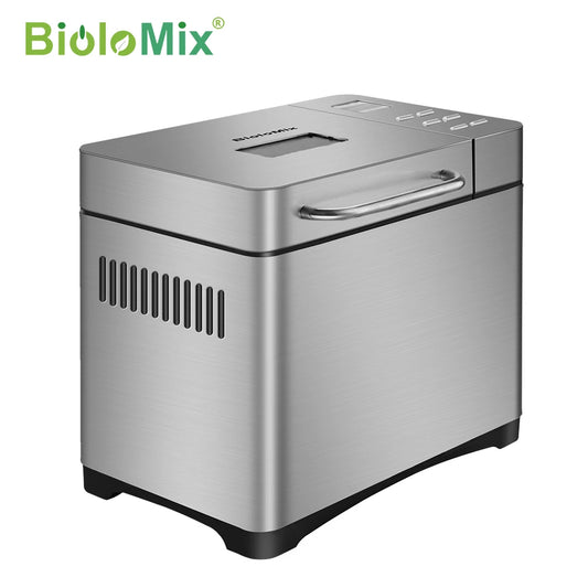 Biolomix Stainless Steel 1KG 19-in-1 Automatic Bread Maker 650W Programmable Bread Machine with 3 Loaf Sizes Fruit Nut Dispenser.