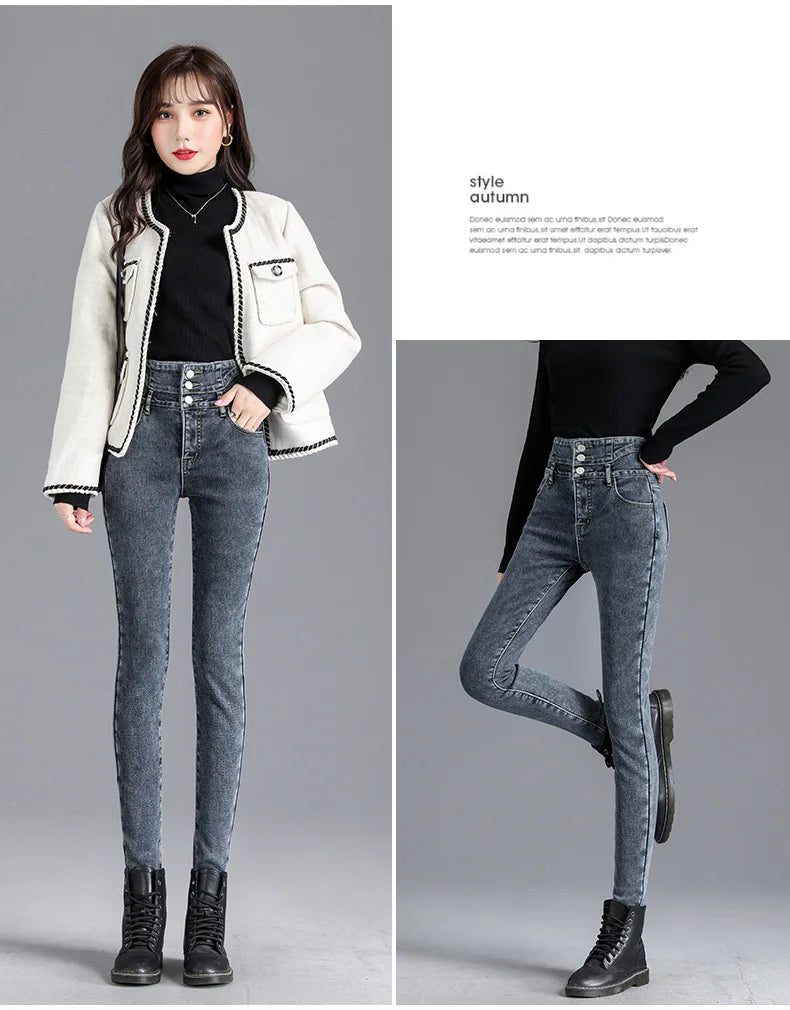 Thermische Winter Dicke Fleece High-taille Warme Dünne Jeans Dicke Frauen Stretch Taste Bleistift Hosen Mom Casual Samt Jeans
