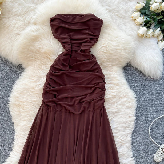 Summer Strapless Asymmetric Tunic Pleated Midi Dress For Women Sleeveless Empire Mesh Dress.