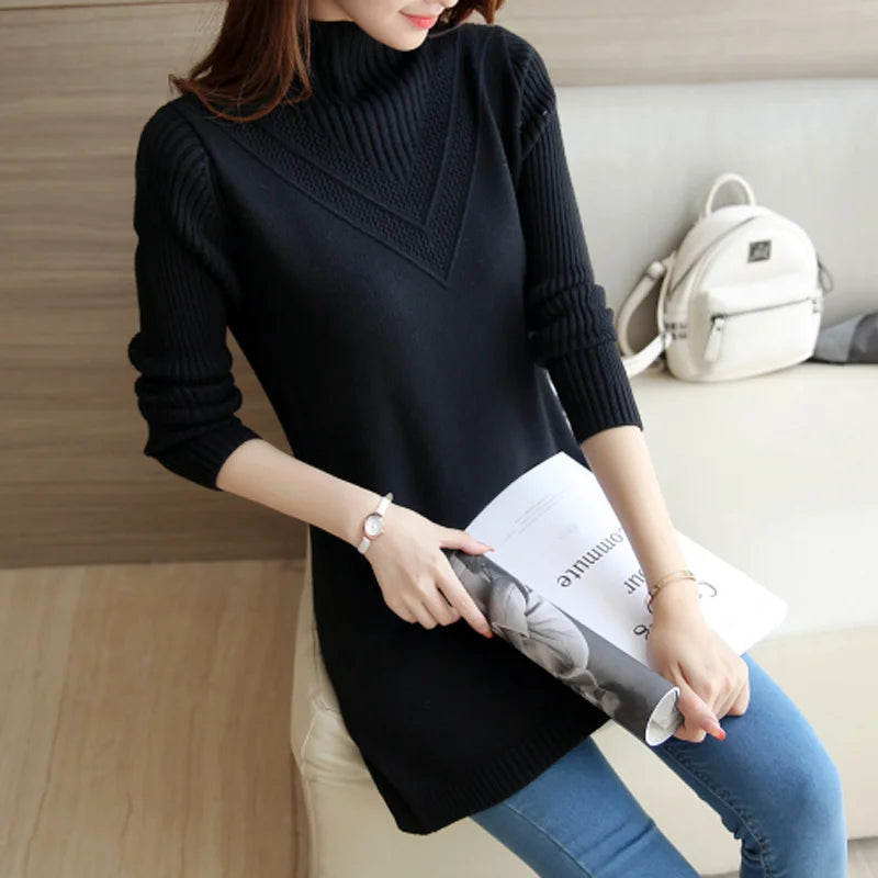 Frühling Herbst Winter Neue Rollkragenpullover Frauen Koreanische Lose Medium Lange Dicke Stricken Top Pullover Bodenbildung Pullover Ziehen