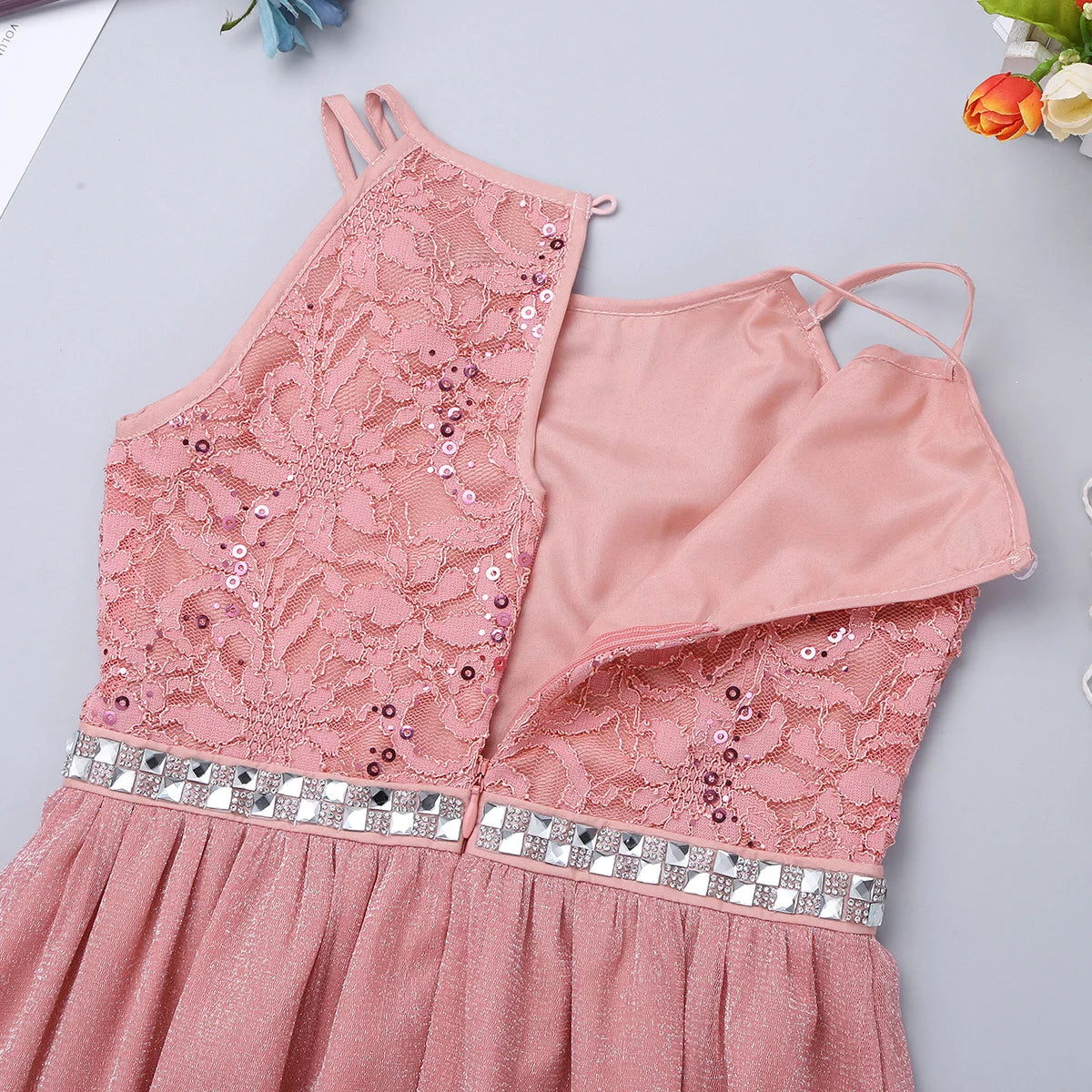 Iiniim Teen Mädchen Ärmellose Pailletten Floral Spitze Glänzenden Kleid Vestido de festa für Hochzeit Formale Geburtstag Party Sommer Kleider