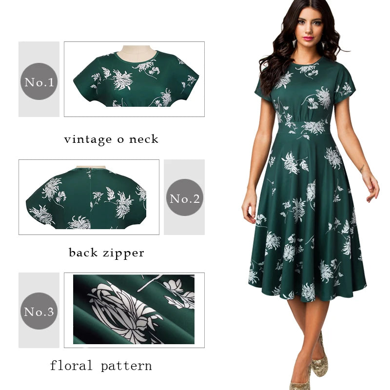 Nice-forever Vintage Elegante Blumen Druck Plissee Rundhals vestidos A-Line Pinup Business Party Frauen Flare Swing Kleid A102