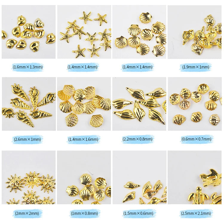 1 Box Gold Ocean Theme Metal Studs Sea Starfish Shell Turtle Slice Flakes 3d Nail Art Decoration In Wheel DIY UV Manicure Tools.