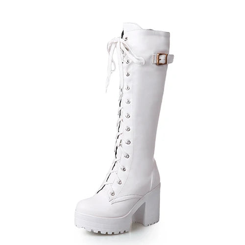 Gdgydh Hot Sale Spring Autumn Lacing Knee High Boots Women Fashion White Square Heel Woman Leather Shoes Winter PU Large Size 43.