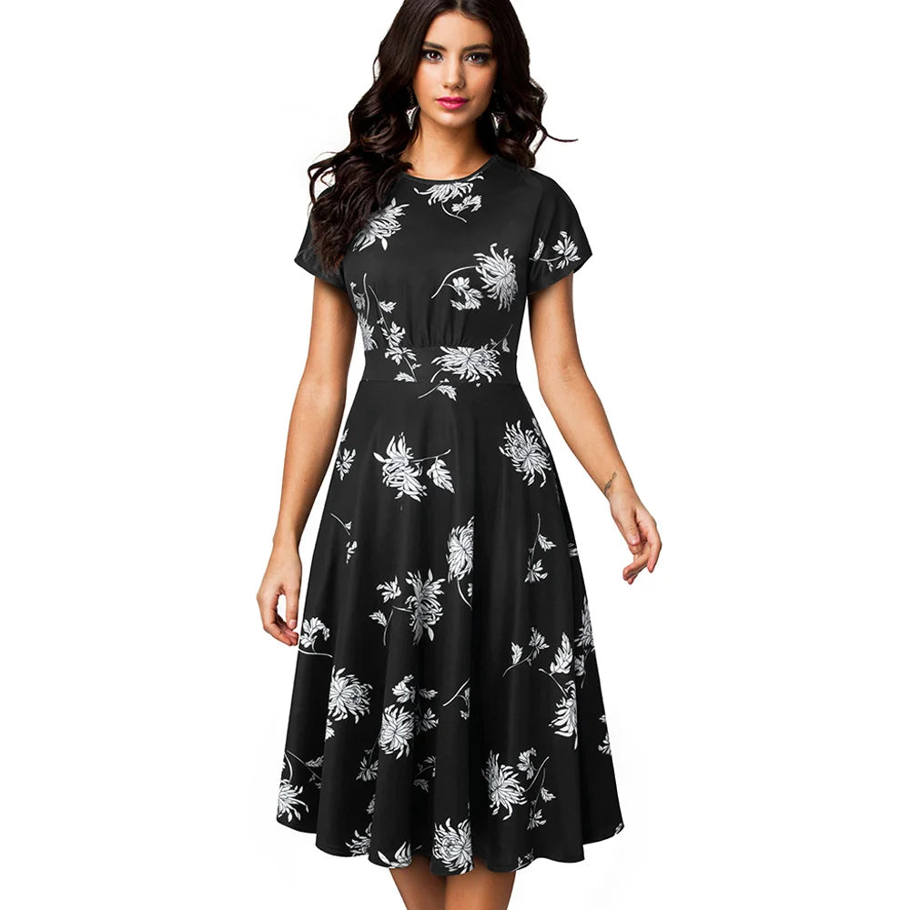 Nice-forever Vintage Elegante Blumen Druck Plissee Rundhals vestidos A-Line Pinup Business Party Frauen Flare Swing Kleid A102