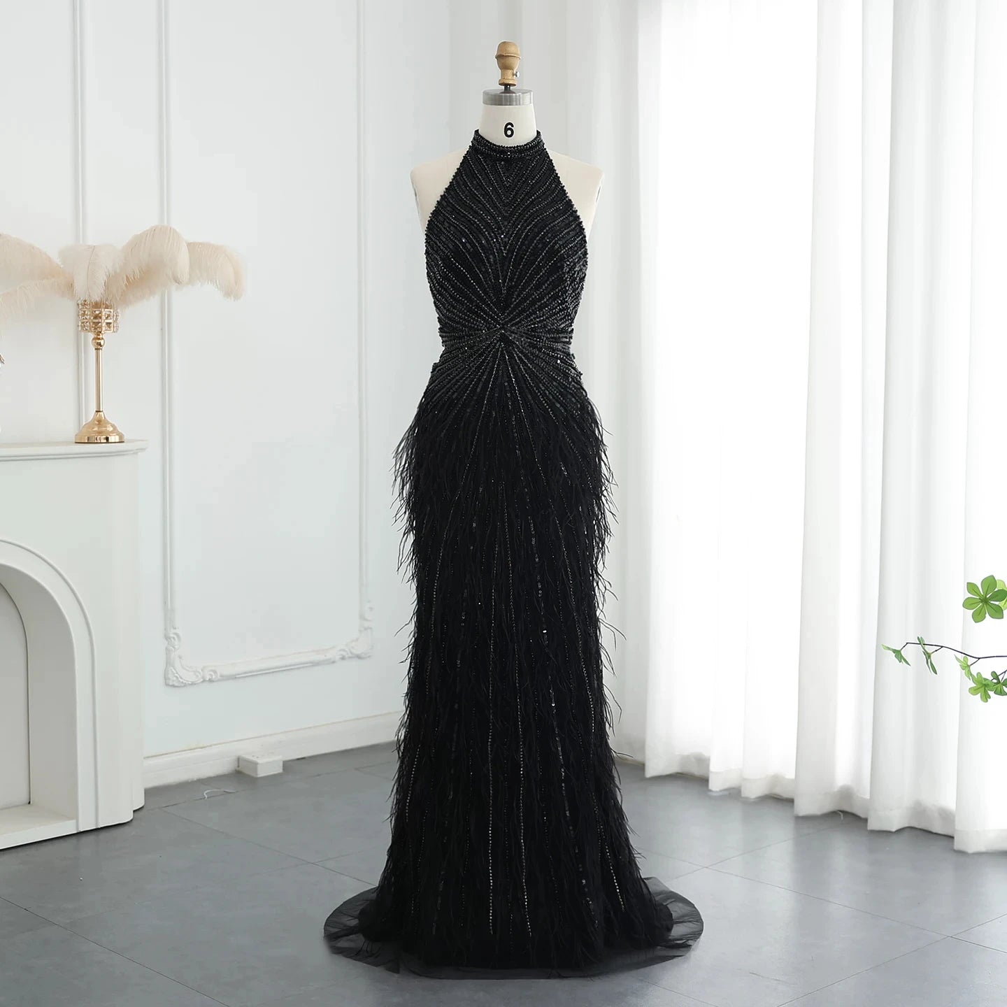 Luxury Beaded Feathers Mermaid Silver Gray Evening Dress Halter Backless Blue Beige Arabic Formal Party Gown SZ006