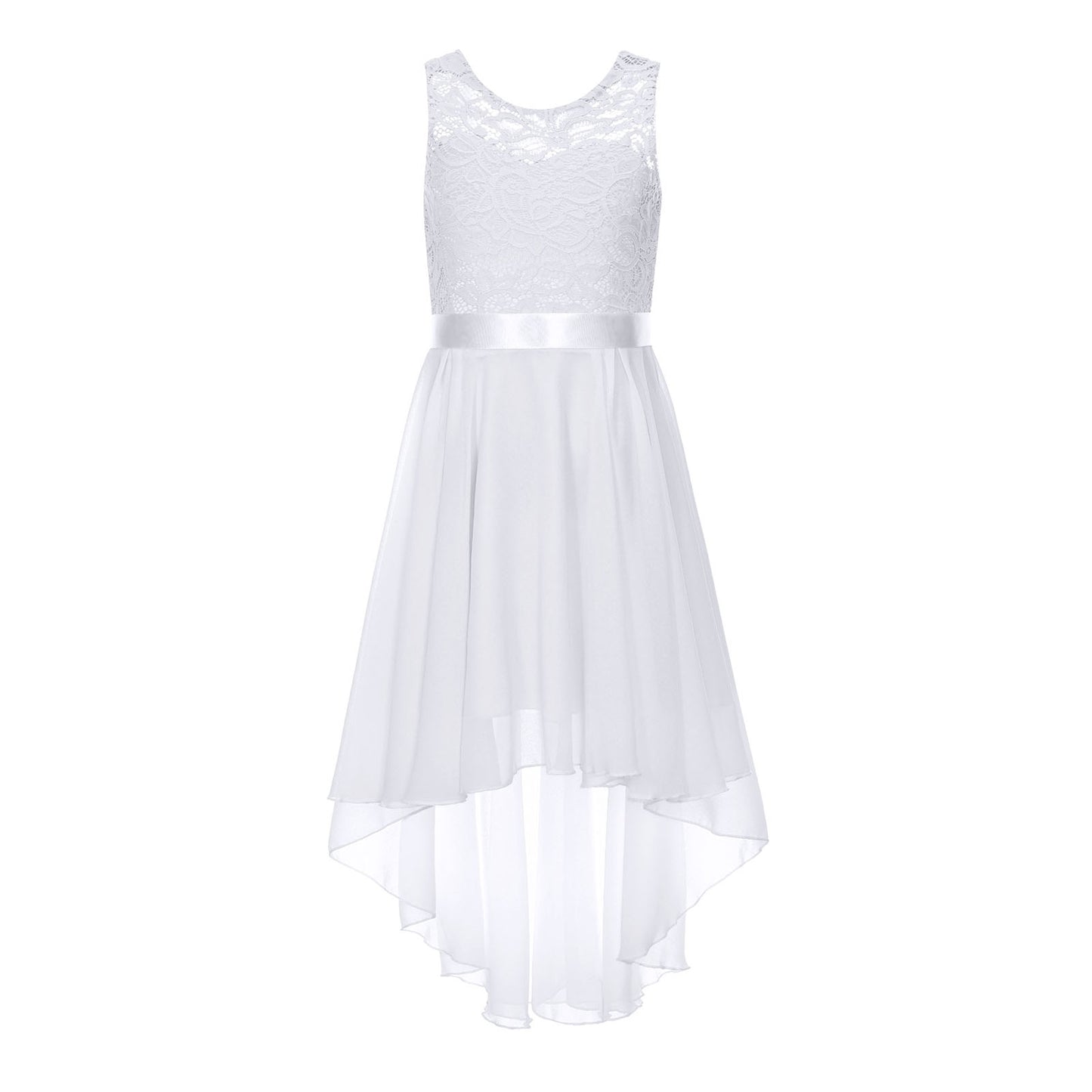 Blumenmädchen-Chiffonkleid mit floraler Spitze, Sommer, ärmellos, hoher, niedriger Saum, formelles Hochzeitskleid für Brautjungfer, Junior, Prinzessin