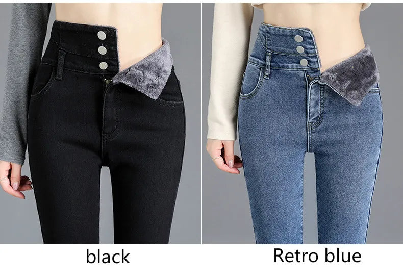 Thermische Winter Dicke Fleece High-taille Warme Dünne Jeans Dicke Frauen Stretch Taste Bleistift Hosen Mom Casual Samt Jeans