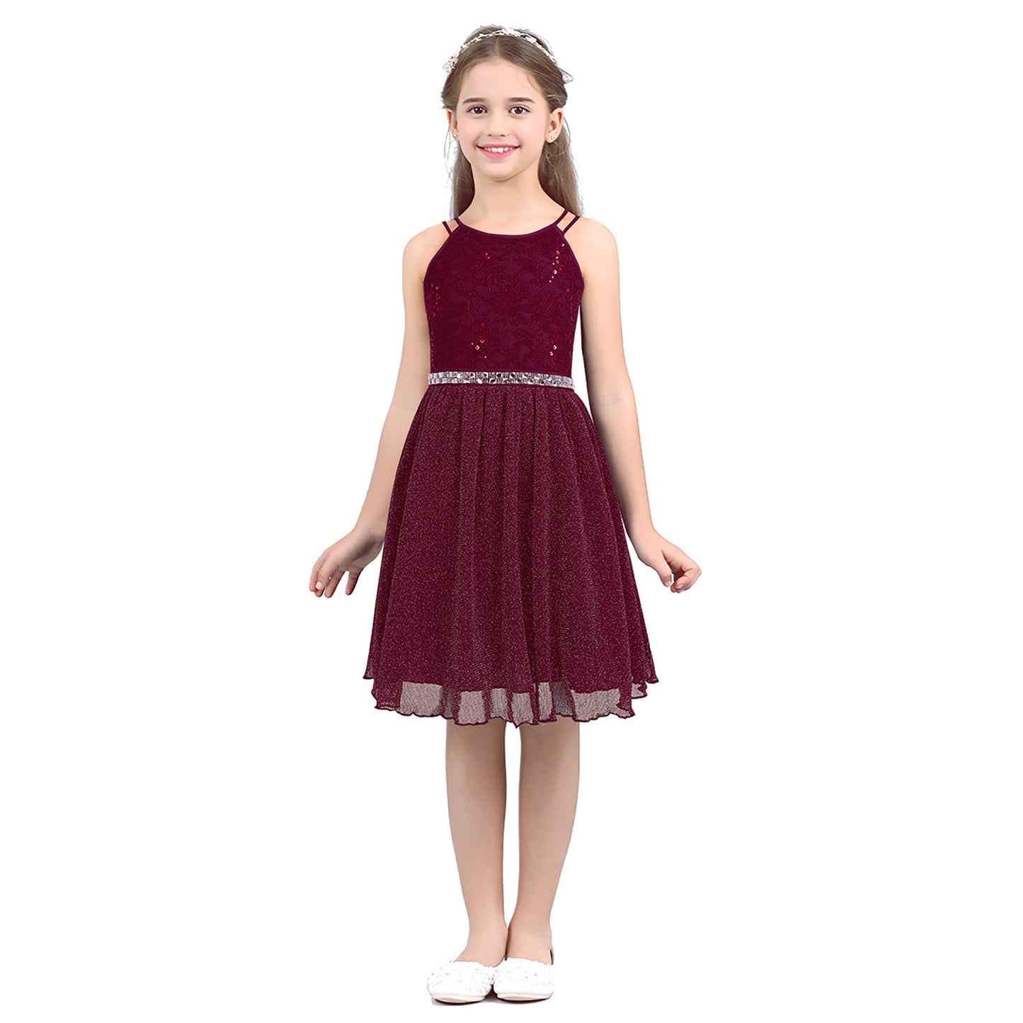 Iiniim Teen Mädchen Ärmellose Pailletten Floral Spitze Glänzenden Kleid Vestido de festa für Hochzeit Formale Geburtstag Party Sommer Kleider