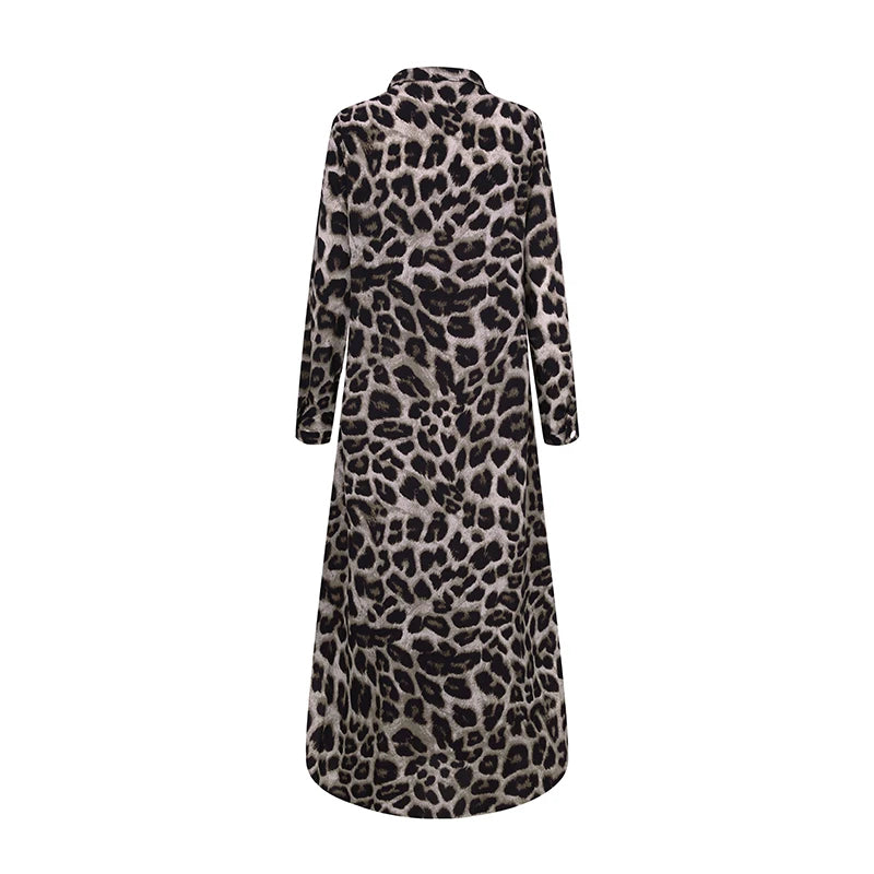 ZANZEA Party Vintage Leopard Robe Frauen 2025, Herbst Casual Langarm Maxi Lange Vestidos Kleid Mode Übergroßen Hemd Sommerkleid