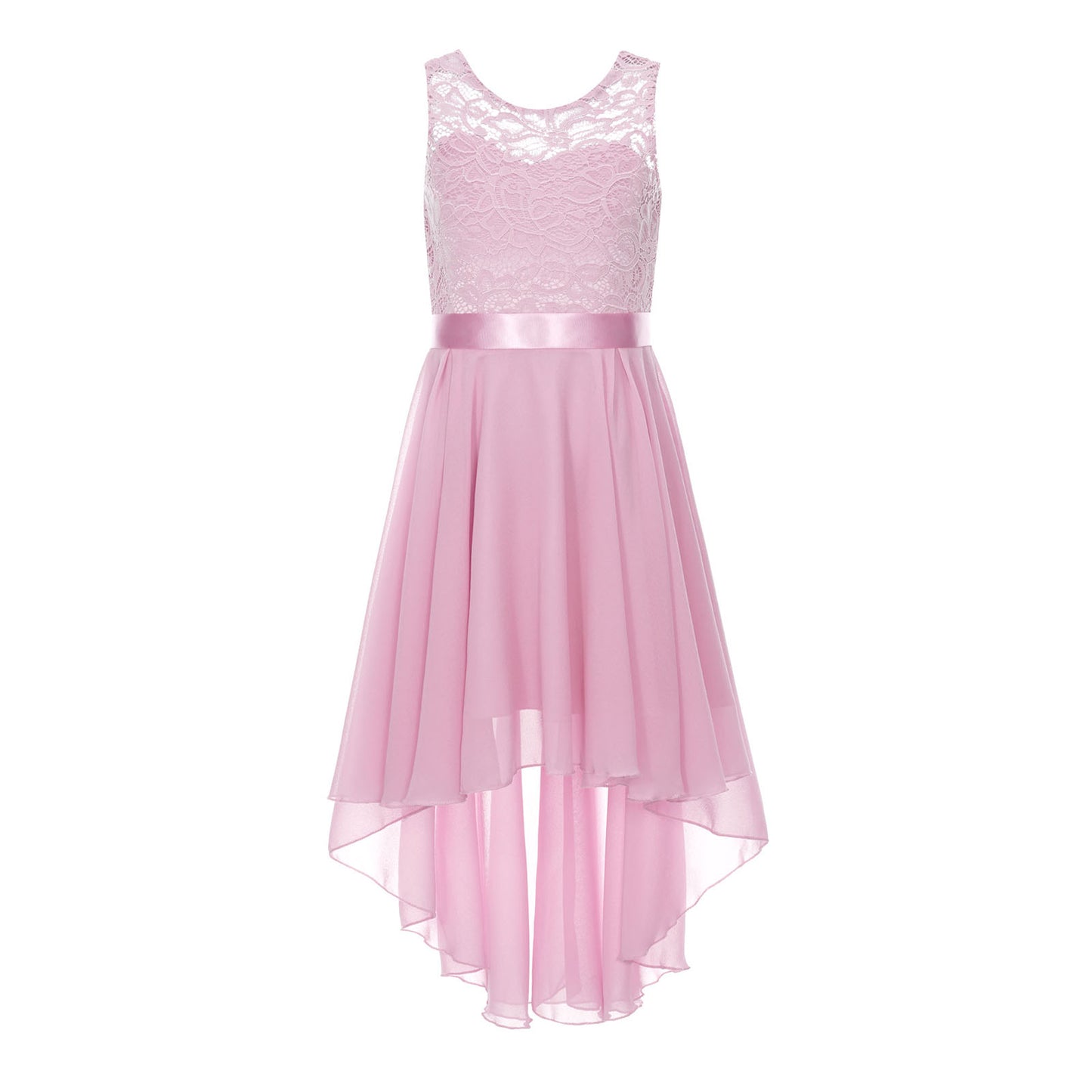 Blumenmädchen-Chiffonkleid mit floraler Spitze, Sommer, ärmellos, hoher, niedriger Saum, formelles Hochzeitskleid für Brautjungfer, Junior, Prinzessin