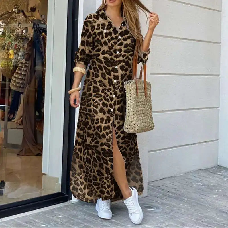 ZANZEA Party Vintage Leopard Robe Frauen 2025, Herbst Casual Langarm Maxi Lange Vestidos Kleid Mode Übergroßen Hemd Sommerkleid