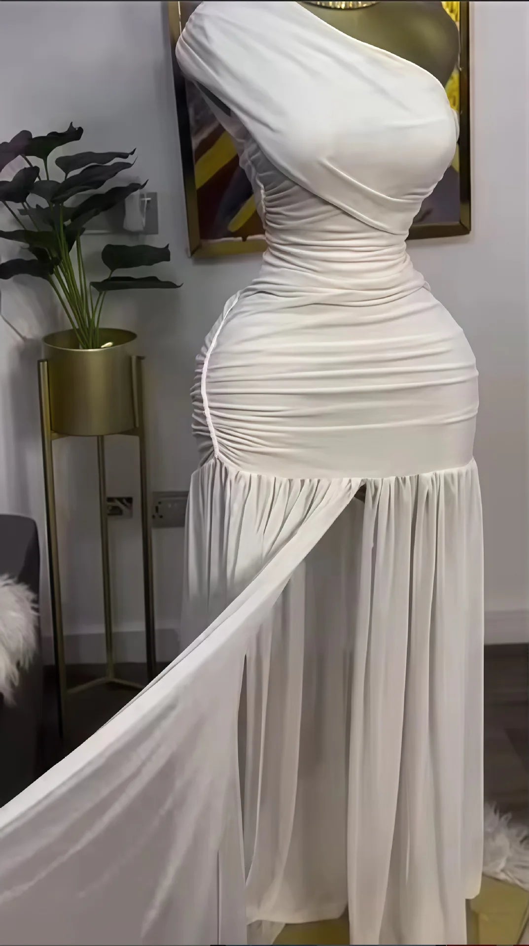 Women's 2025 Spring New Solid Color Sleeveless Slant Neck Pleated Slim Split Long Dresses