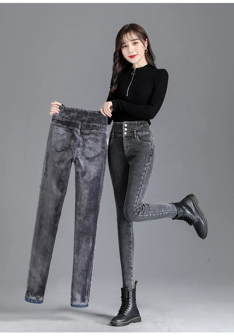 Thermische Winter Dicke Fleece High-taille Warme Dünne Jeans Dicke Frauen Stretch Taste Bleistift Hosen Mom Casual Samt Jeans