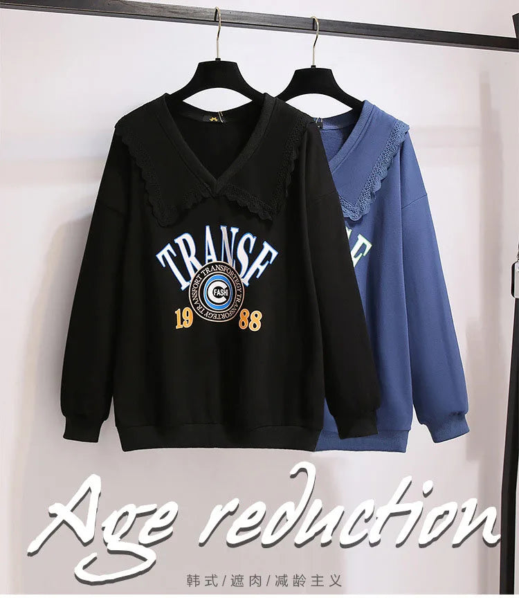 150Kg Plus Größe frauen Herbst Faul Stil Puppe Kragen Sweatshirts Fehlschlag 157cm 6XL 7XL 8XL 9XL 10XL lose Dünnen Langen Ärmeln Top