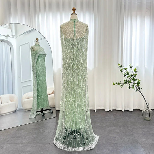 Jancember SZ369 Luxury Heavy Beaded Pearls Mermaid Evening Party Dresses With Shawl.