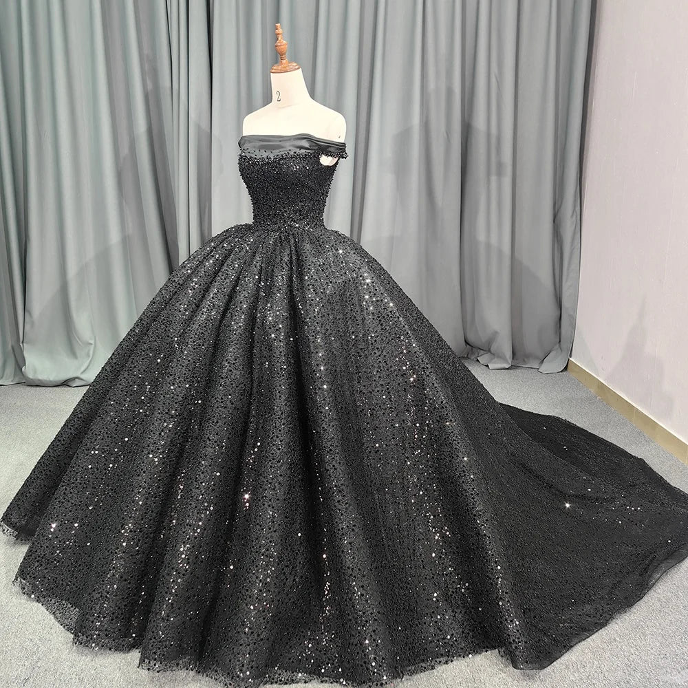 Jancember 6679 Black Off Shoulder Teenage Sequins Birthday Party Formal Quinceanera Dresses