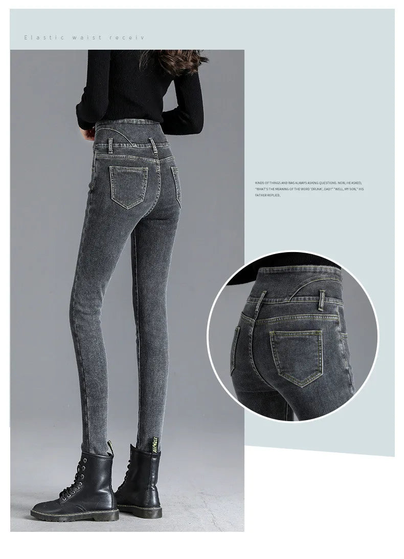Thermische Winter Dicke Fleece High-taille Warme Dünne Jeans Dicke Frauen Stretch Taste Bleistift Hosen Mom Casual Samt Jeans