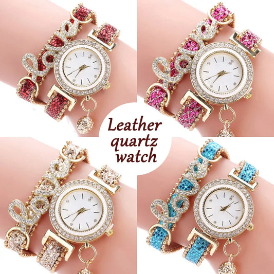 Vintage Watch Women Bracelet Watches Ladies Love Leather Strap Rhinestone Quartz Wrist Watch Quartz Watches Women's Watch.