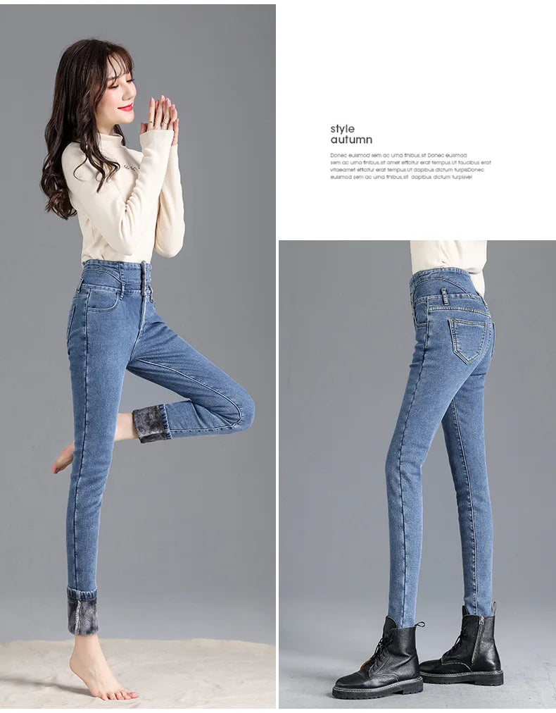 Thermische Winter Dicke Fleece High-taille Warme Dünne Jeans Dicke Frauen Stretch Taste Bleistift Hosen Mom Casual Samt Jeans