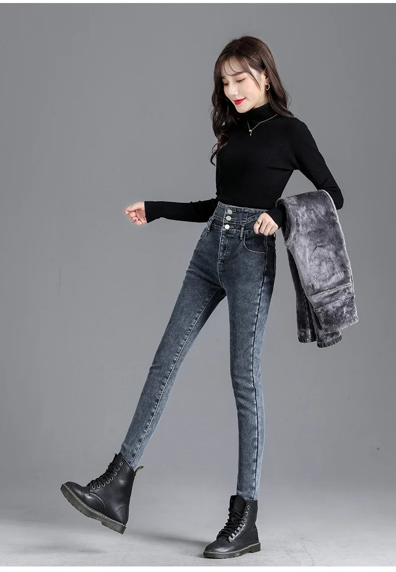 Thermische Winter Dicke Fleece High-taille Warme Dünne Jeans Dicke Frauen Stretch Taste Bleistift Hosen Mom Casual Samt Jeans