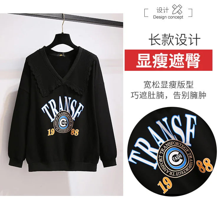 150Kg Plus Größe frauen Herbst Faul Stil Puppe Kragen Sweatshirts Fehlschlag 157cm 6XL 7XL 8XL 9XL 10XL lose Dünnen Langen Ärmeln Top