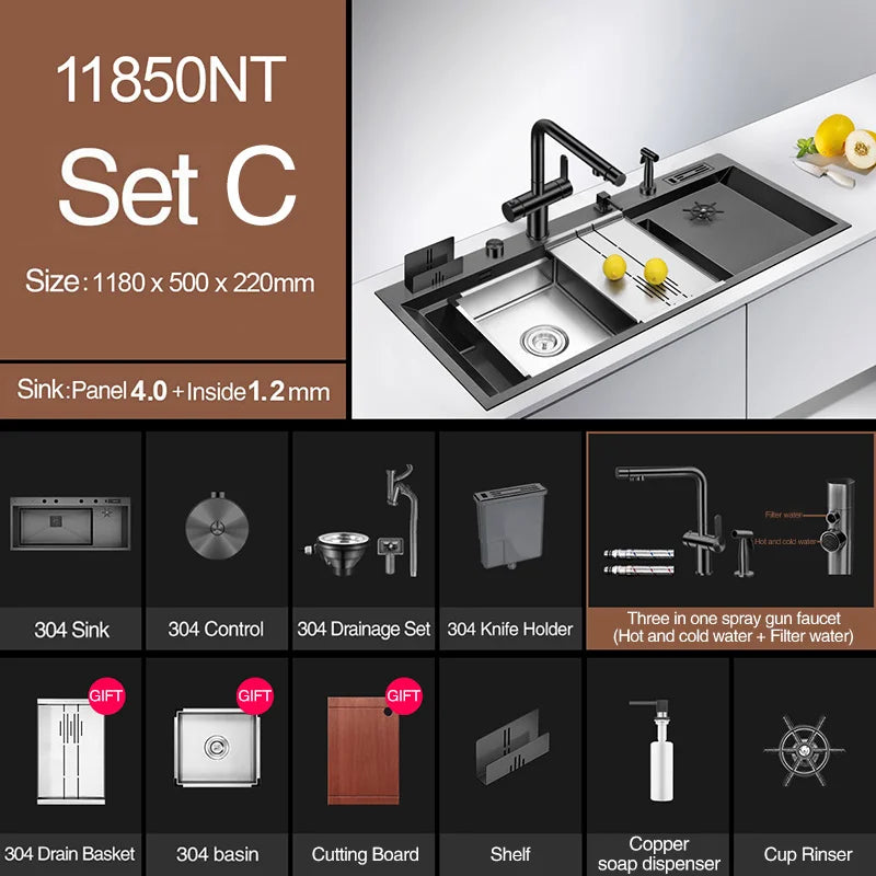 ASRAS New Nanometer Large Size Single Cup Rinser Kitchen Sink 4mm Thickness 220mm Depth With Drain Plate Knife Holder Sinks