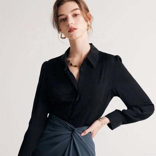 Birdtree 19Mm 90% Silk 10% Spandex Dress Shirts Women Turn Down Collars Pleated Tops Long Sleeve Office Blouses Autumn T36521JM.