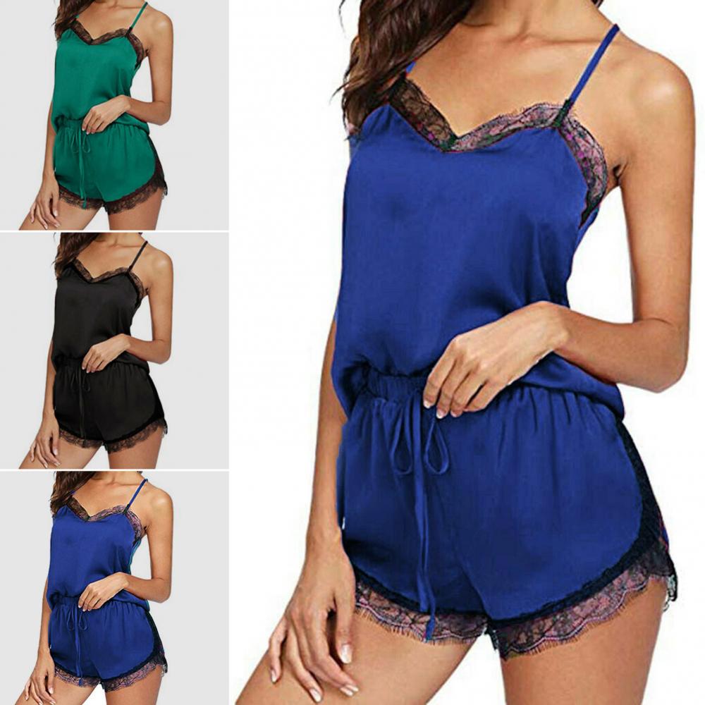 Heißer verkauf damen sommer sexy seide spitze einfarbig pyjamas leibchen top shorts haut-freundliche hause unterwäsche pyjamas set einzelhandel