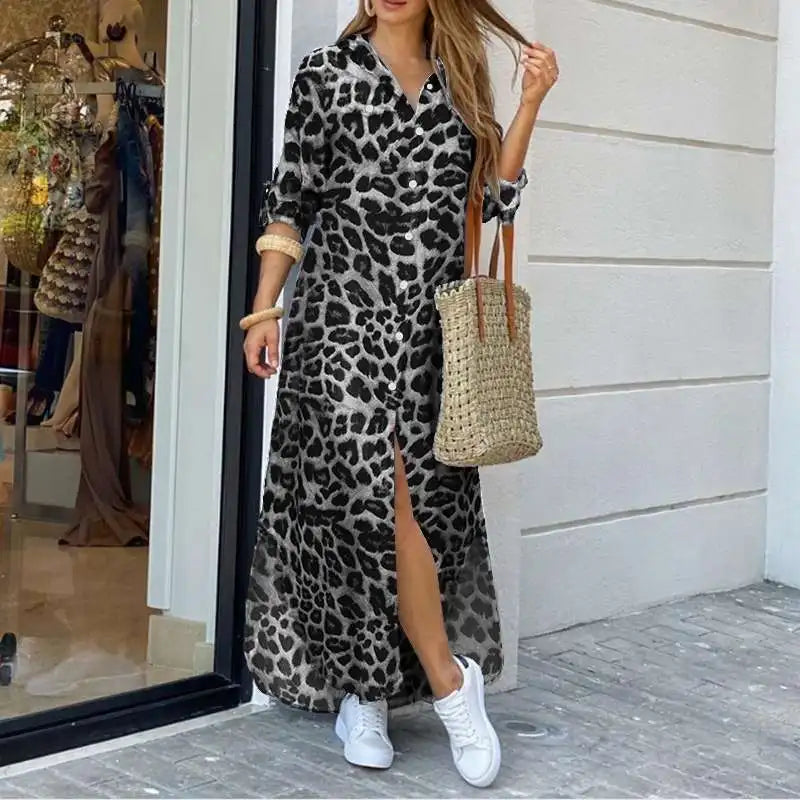 ZANZEA Party Vintage Leopard Robe Frauen 2025, Herbst Casual Langarm Maxi Lange Vestidos Kleid Mode Übergroßen Hemd Sommerkleid