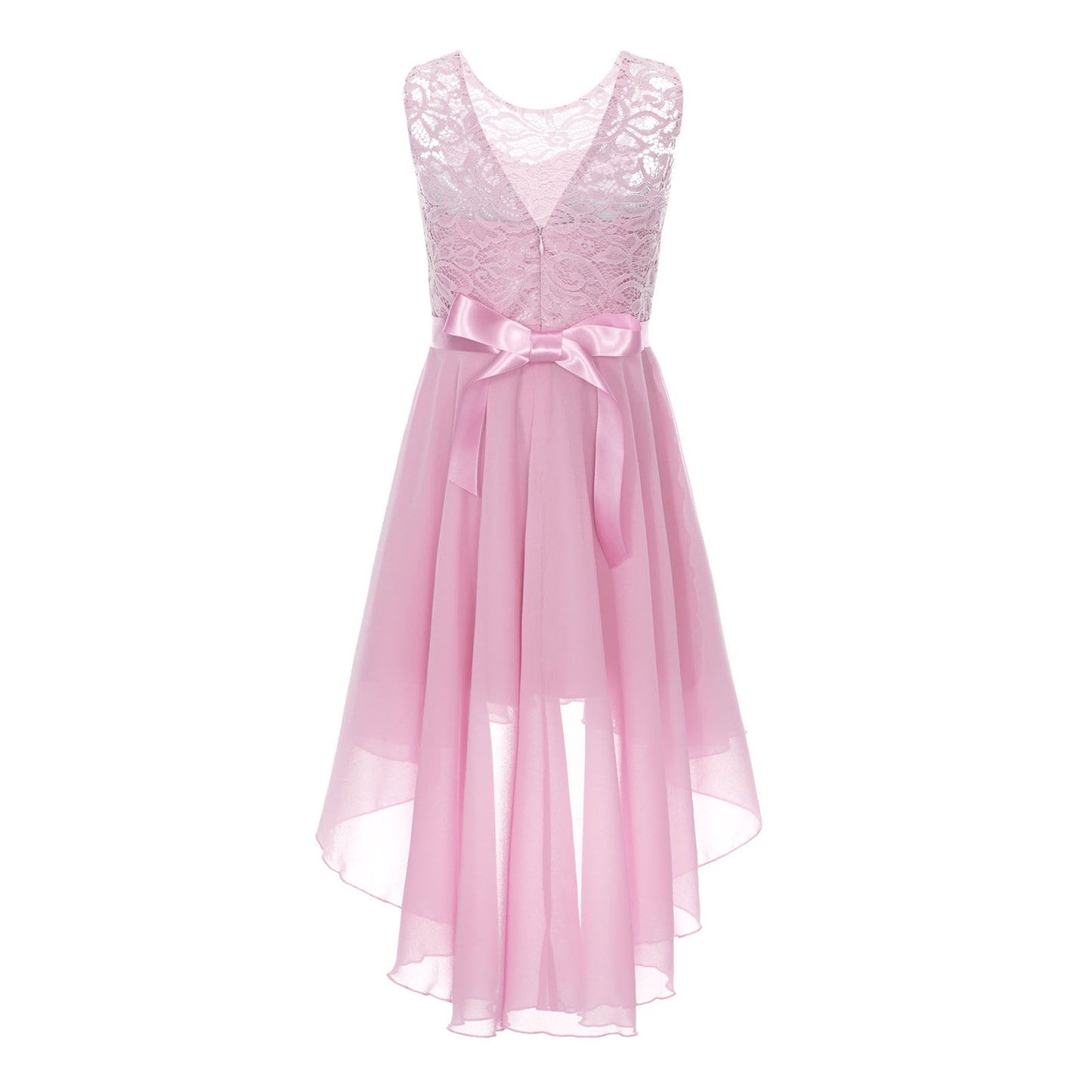 Blumenmädchen-Chiffonkleid mit floraler Spitze, Sommer, ärmellos, hoher, niedriger Saum, formelles Hochzeitskleid für Brautjungfer, Junior, Prinzessin