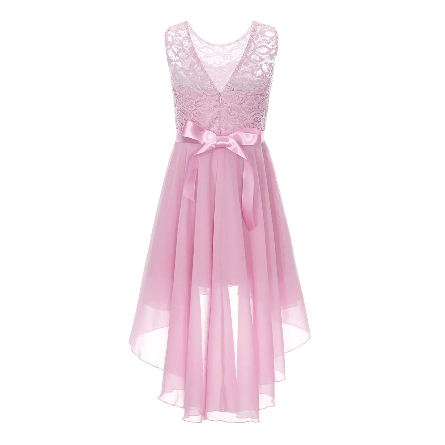 Blumenmädchen-Chiffonkleid mit floraler Spitze, Sommer, ärmellos, hoher, niedriger Saum, formelles Hochzeitskleid für Brautjungfer, Junior, Prinzessin
