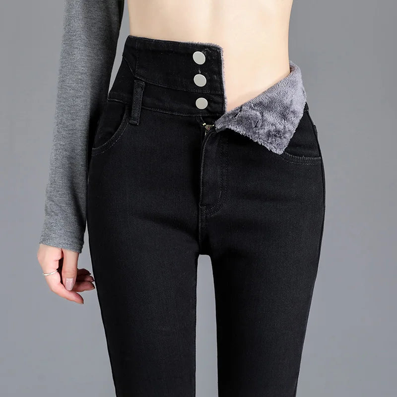 Thermische Winter Dicke Fleece High-taille Warme Dünne Jeans Dicke Frauen Stretch Taste Bleistift Hosen Mom Casual Samt Jeans