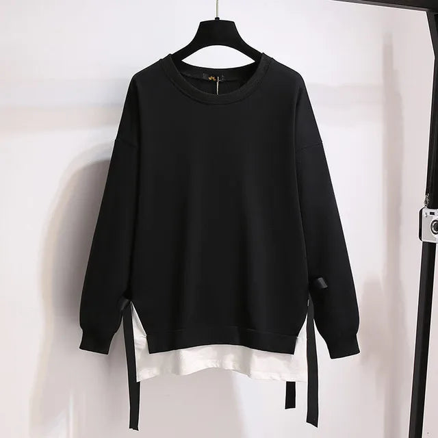 150Kg Plus Größe frauen Herbst Lose Oansatz Sweatshirts Fehlschlag 157cm 6XL 7XL 8XL 9XL 10XL Beiläufige Lange-ärmeln Gefälschte Zwei-stück Top