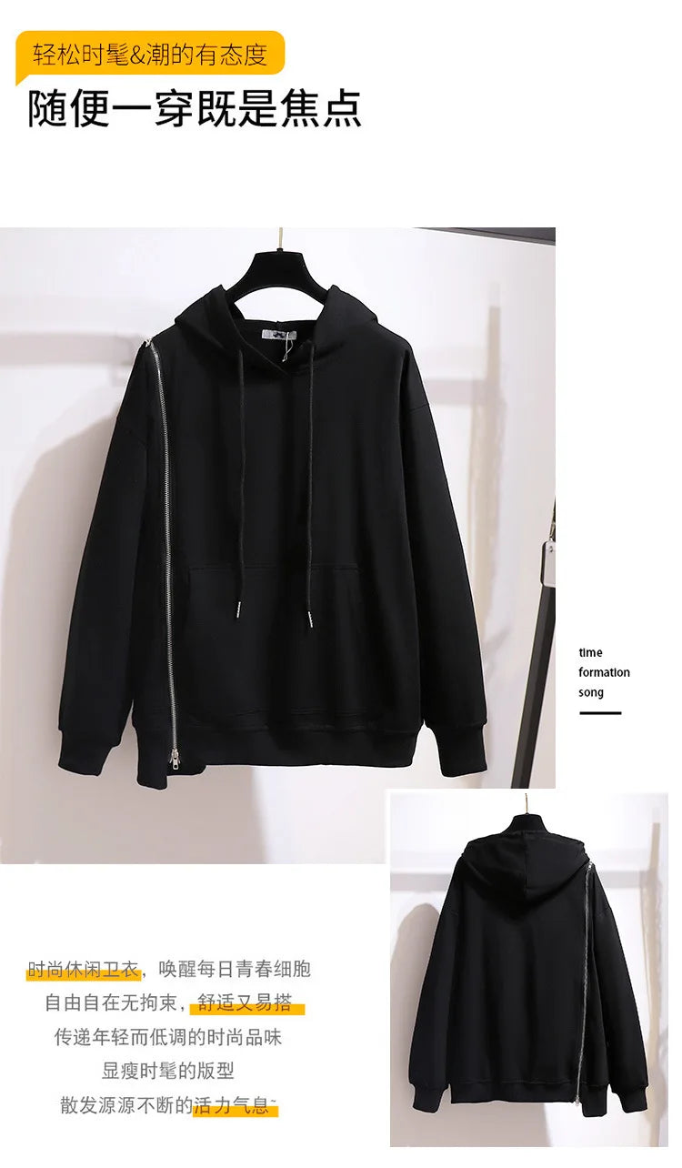 150Kg Plus Größe frauen Frühling Herbst Lose Mit Kapuze Sweatshirt Büste 154cm 6XL 7XL 8XL 9XL 10XL Lange hülse Gefälschte Zipper Top Schwarz