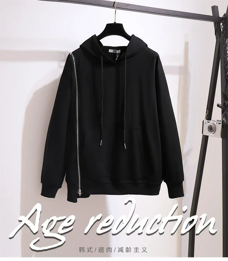150Kg Plus Größe frauen Frühling Herbst Lose Mit Kapuze Sweatshirt Büste 154cm 6XL 7XL 8XL 9XL 10XL Lange hülse Gefälschte Zipper Top Schwarz