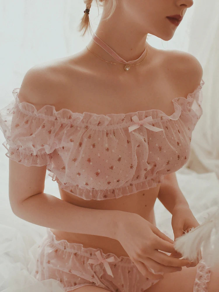 Frauen Sheer Stars Ultradünne Gaze Rüschen Off Schulter Ärmel Tops Shorts Bein Ring Unterwäsche Set Versuchung Sexy Pyjamas