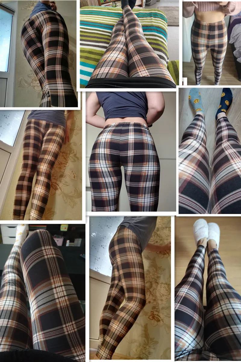 CUHAKCI Mode Plaid Druck Leggings Frauen Sexy Fitness Leggins Grid Floral Streifen Hosen Hohe Taille Bleistift Hosen
