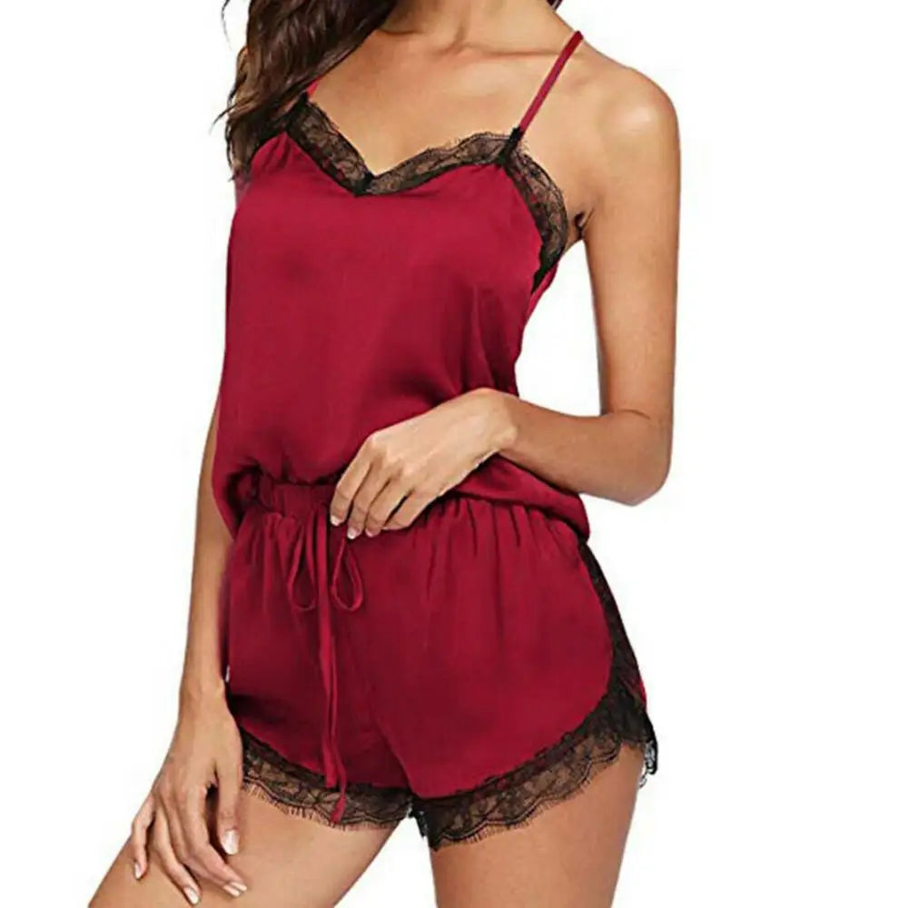 Heißer verkauf damen sommer sexy seide spitze einfarbig pyjamas leibchen top shorts haut-freundliche hause unterwäsche pyjamas set einzelhandel