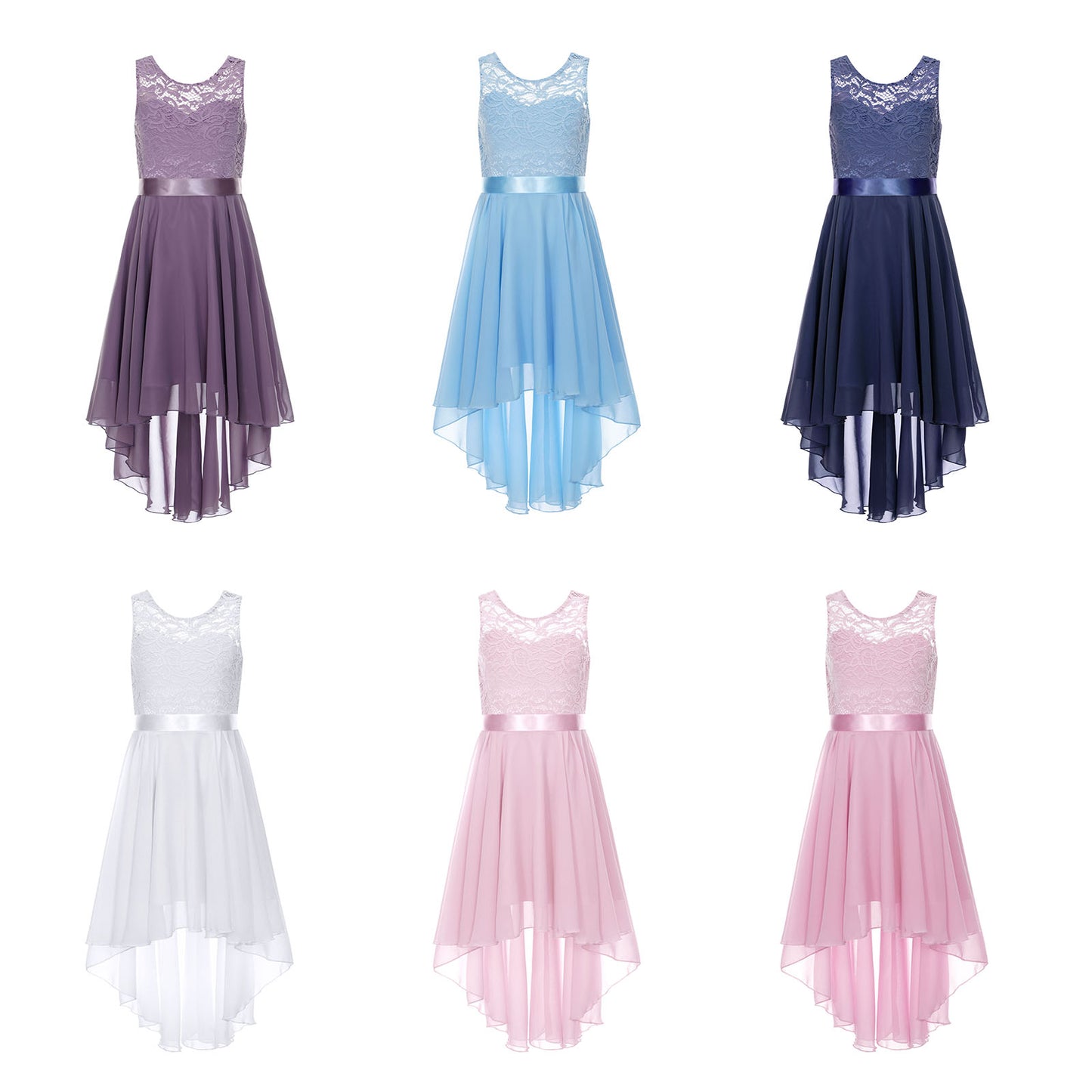 Blumenmädchen-Chiffonkleid mit floraler Spitze, Sommer, ärmellos, hoher, niedriger Saum, formelles Hochzeitskleid für Brautjungfer, Junior, Prinzessin