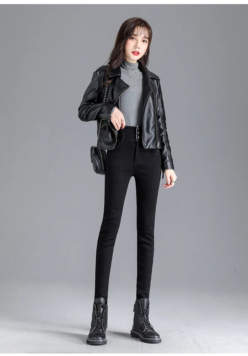 Thermische Winter Dicke Fleece High-taille Warme Dünne Jeans Dicke Frauen Stretch Taste Bleistift Hosen Mom Casual Samt Jeans