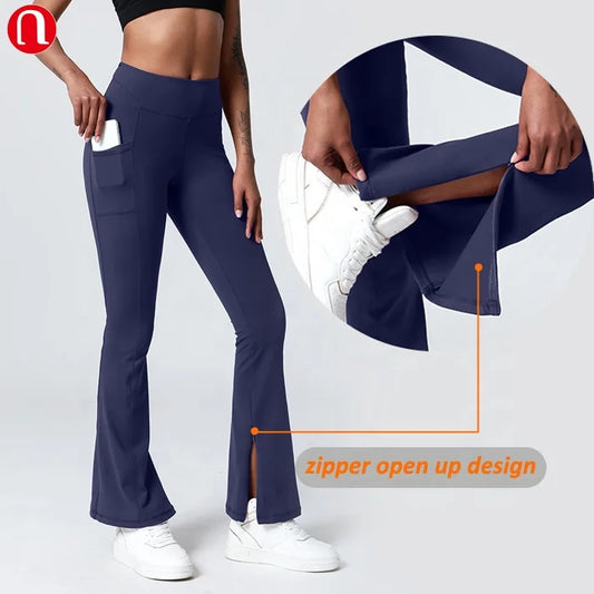 Luluyun Bottom Zipper up Leg Open Wide Leg Pants for Women Casual Elastic High Waist Loose Long Pants.