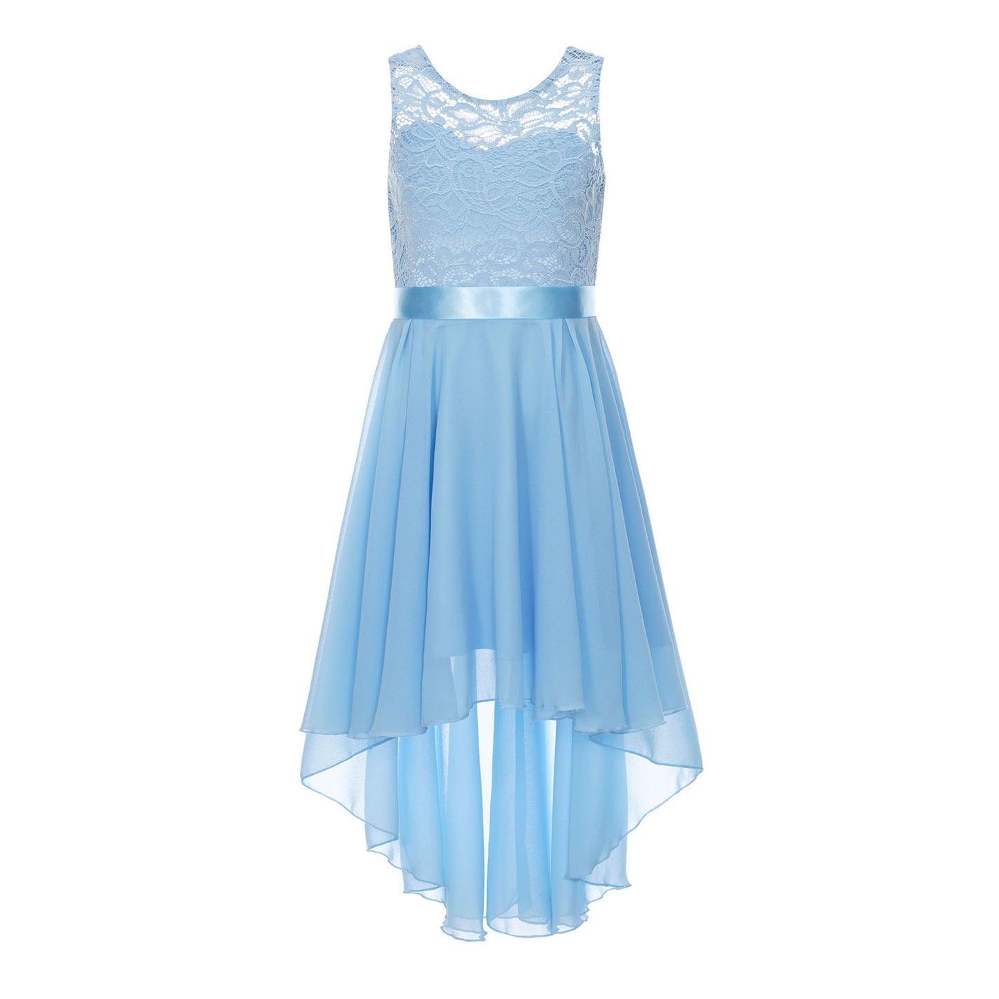 Blumenmädchen-Chiffonkleid mit floraler Spitze, Sommer, ärmellos, hoher, niedriger Saum, formelles Hochzeitskleid für Brautjungfer, Junior, Prinzessin