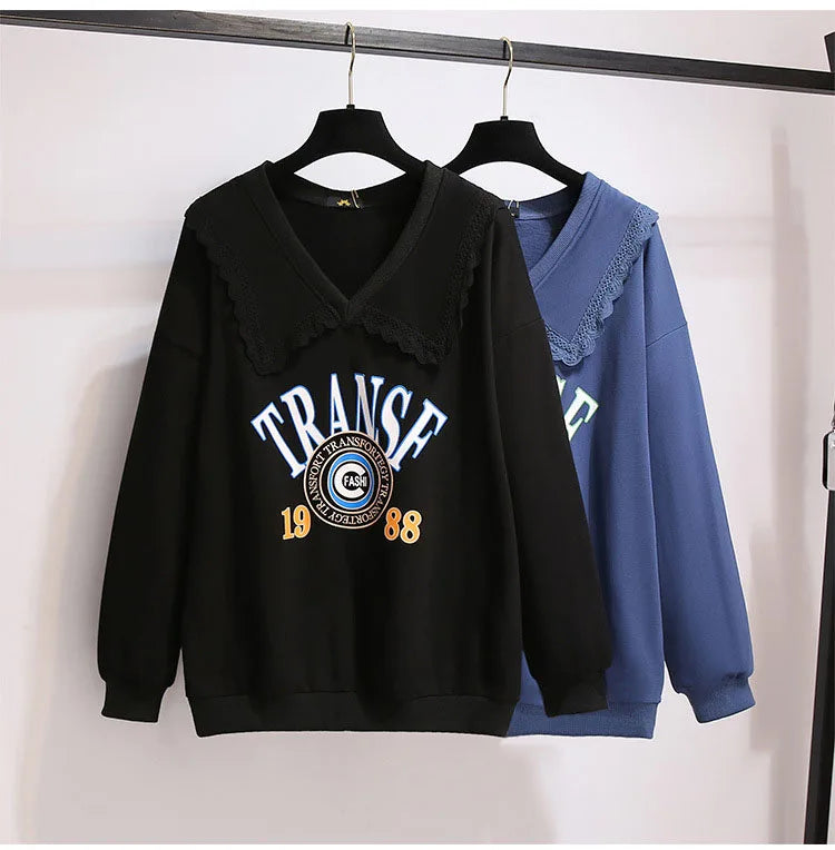 150Kg Plus Größe frauen Herbst Faul Stil Puppe Kragen Sweatshirts Fehlschlag 157cm 6XL 7XL 8XL 9XL 10XL lose Dünnen Langen Ärmeln Top