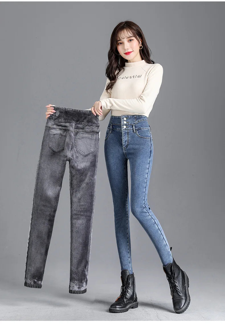 Thermische Winter Dicke Fleece High-taille Warme Dünne Jeans Dicke Frauen Stretch Taste Bleistift Hosen Mom Casual Samt Jeans