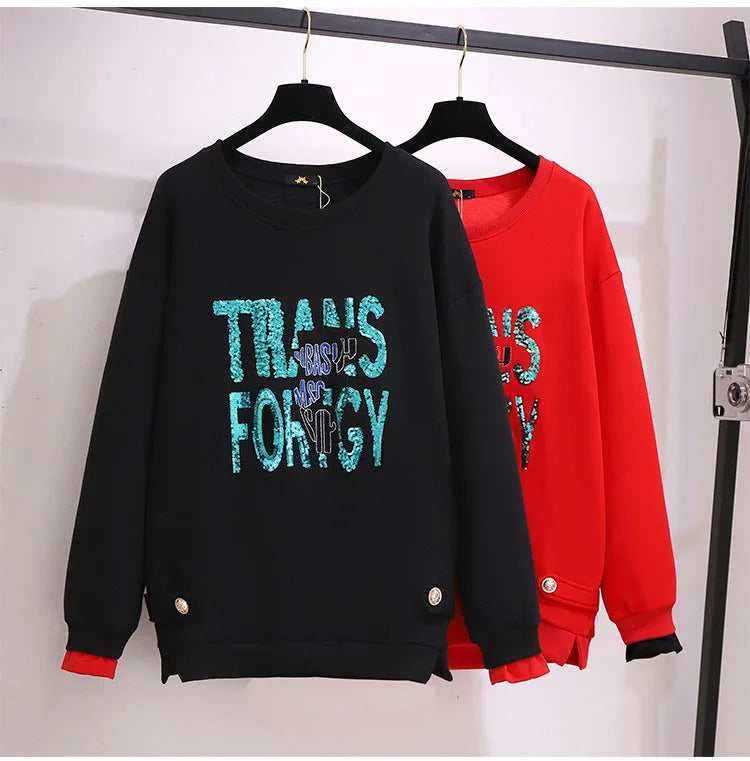 150 kg Übergröße Damen Büste 157 Winter Fleece Lose Pailletten Brief Sweatshirts Rundhals Pullover Top 5XL 6XL 7XL 8XL 9XL