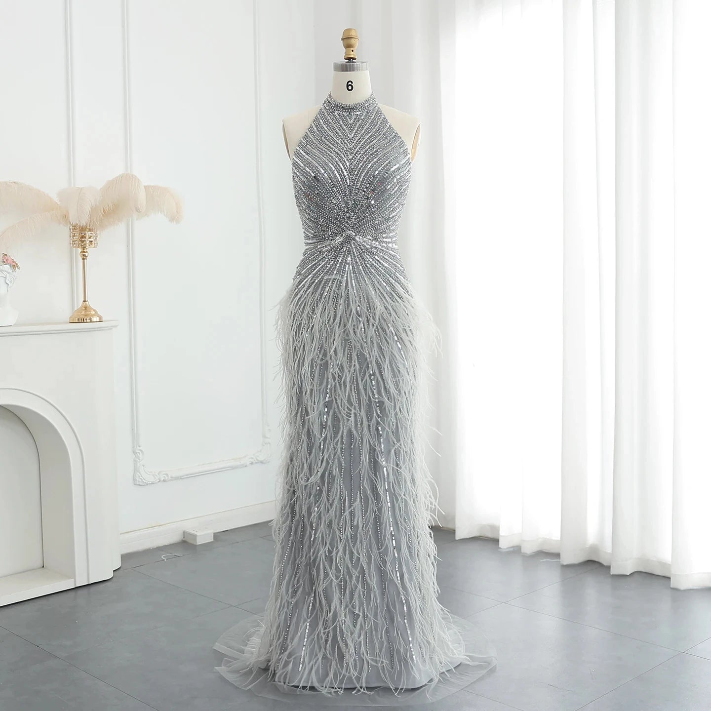 Luxury Beaded Feathers Mermaid Silver Gray Evening Dress Halter Backless Blue Beige Arabic Formal Party Gown SZ006
