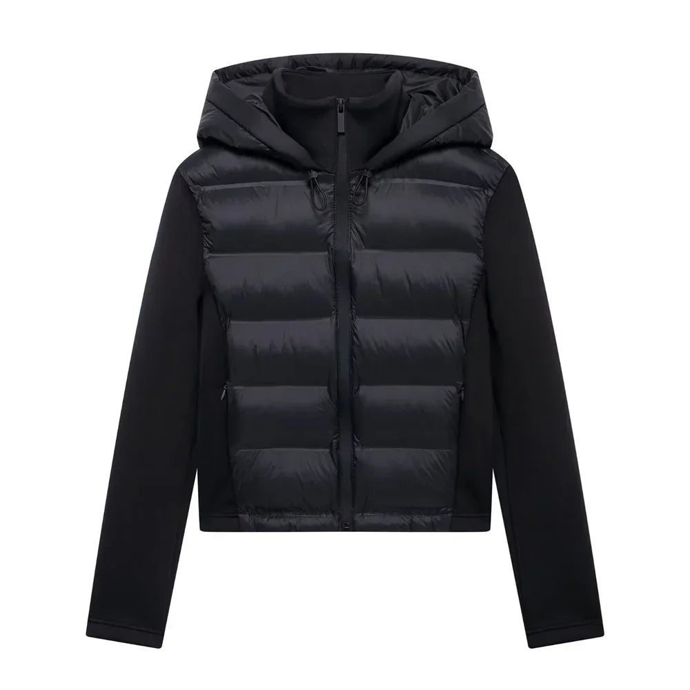 ZBZA Damenmode mit Kapuze, Neopren-Effekt, gespleißter, wattierter Jacke, hoher Kragen, lange Ärmel, verstellbare Kapuze, lässig, schmale Passform, warmer Mantel, Herbst/Winter, neue schicke Damen-Oberbekleidung