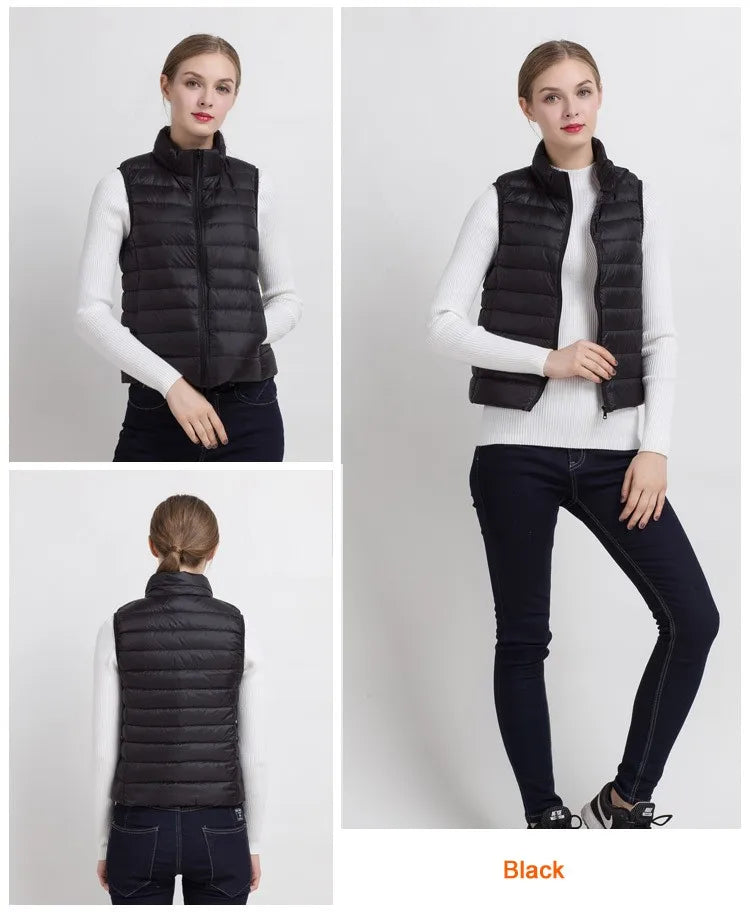 0-10 ℃ Frauen Westen Herbst Winter Ultra Licht Ente Unten Weste Weibliche Dünne Ärmellose Jacke Winddicht Warme Puffer Weste 4XL