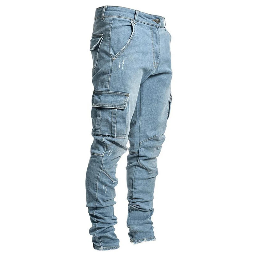 Street Elastic Jeans Men Denim Cargo Pants Wash Solid Color Multi Pockets Casual Mid Waist Trousers Slim Fit Daily Wear Joggers.